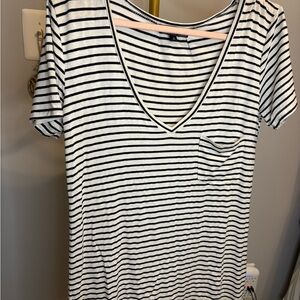 POL Black and White Striped V-Neck Tee